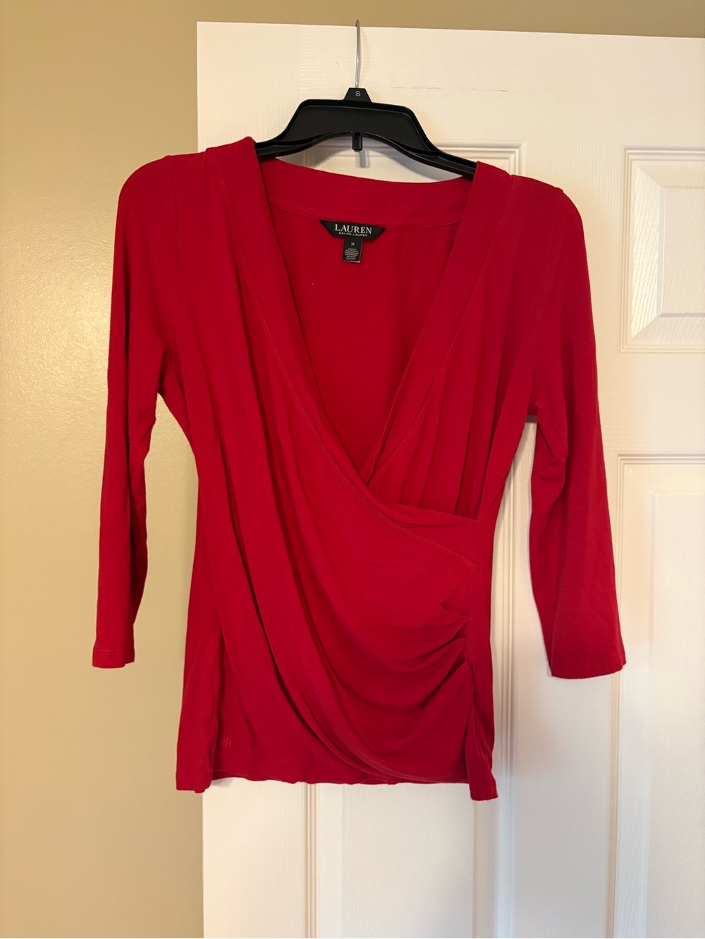 Lauren Ralph Lauren Red Wrap Top Ruched V-Neck Long Sleeve Elegant Blouse
